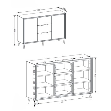 Sandfarbenes Sideboard mit schwarzen Details 2 Türen und 3 Schubladen Arona01B 135x38x90H