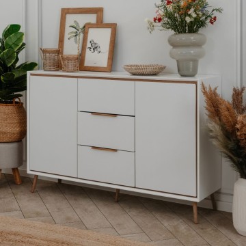 Weißes Sideboard mit Eichendetails 2 Türen und 3 Schubladen Arona01B 135x38x90H