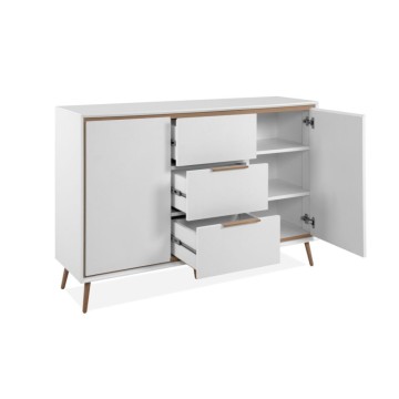 Weißes Sideboard mit Eichendetails 2 Türen und 3 Schubladen Arona01B 135x38x90H