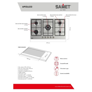 5-Flammen-Edelstahl-Gaskochfeld 90 cm - Apollo 2.0