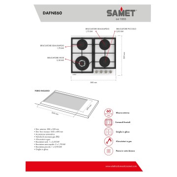 4-Flammen-Gasherd aus weißem Glas 60 cm Dafne60