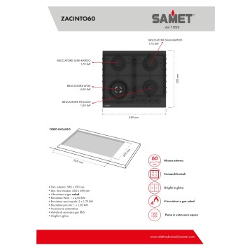 Samet Zacinto60 4-Flammen-Gasherd 60 cm mattschwarzes, satiniertes Glas