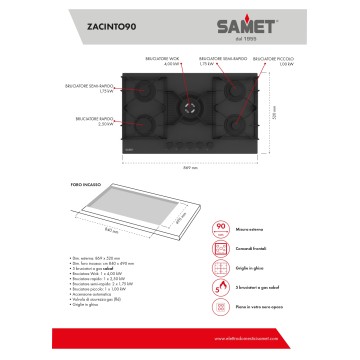 Samet Zacinto90 5-Flammen-Gasherd 90 cm mattschwarzes, satiniertes Glas
