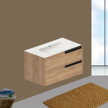 Modularer wandmontierter Badezimmerschrank in Eiche Honig mit Schubladen 80x45x50H