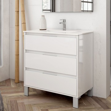 Bolton weißer Badezimmerschrank 80x45x84H mit 3 Schubladen: modernes Design und kompromisslose Funktionalität