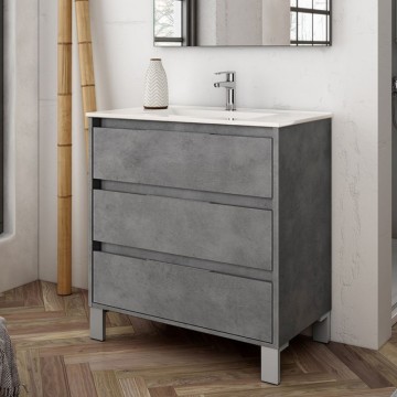 Bolton zementfarbener Badezimmerschrank 80x45x84H mit 3 Schubladen: modernes Design und kompromisslose Funktionalität