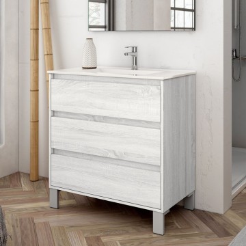 Bolton Badezimmerschrank Eiche grau 80x45x84H mit 3 Schubladen: modernes Design und kompromisslose Funktionalität