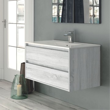 Bolton wandmontierter Badezimmerschrank in eisgrauer Eiche 80x45x48H 2 Schubladen: modernes Design und Funktionalität