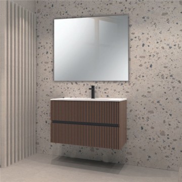 BELFAST WANDMONTIERTER BADEZIMMERSCHRANK KIT IN GERIPPTEM NUSSBAUM 80*46CM MIT ZWEI SCHUBLADEN + WASCHBECKEN + SPIEGEL