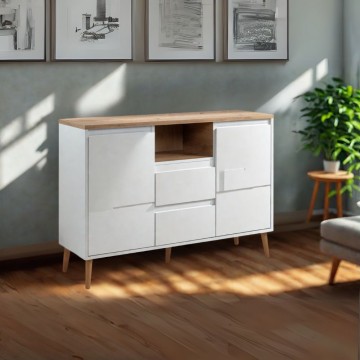 Sideboard 2 Türen und 2 Schubladen weiß mit Eichenplatte Linz01B 120x38x85H