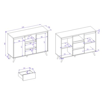 Sideboard 2 Türen und 2 Schubladen weiß mit Eichenplatte Linz01B 120x38x85H