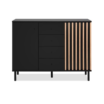 Modernes Sideboard 3 Türen und 4 Schubladen schwarz mit Eichenleisten Monza 51C 160x40x90H