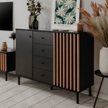 Modernes Sideboard 3 Türen und 4 Schubladen schwarz mit Eichenleisten Monza 51C 160x40x90H