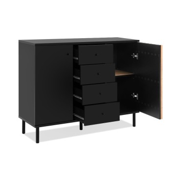 Modernes Sideboard 3 Türen und 4 Schubladen schwarz mit Eichenleisten Monza 51C 160x40x90H