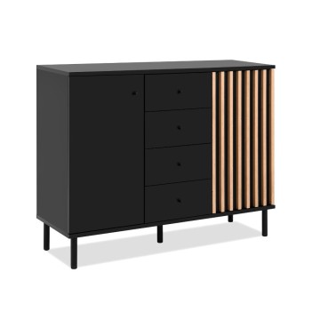 Modernes Sideboard 3 Türen und 4 Schubladen schwarz mit Eichenleisten Monza 51C 160x40x90H