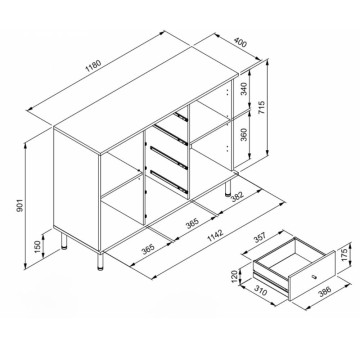 Modernes Sideboard 3 Türen und 4 Schubladen schwarz mit Eichenleisten Monza 51C 160x40x90H