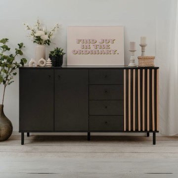 Modernes Sideboard 3 Türen und 4 Schubladen schwarz mit Eichenleisten Monza 51C 160x40x90H
