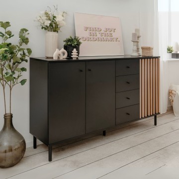 Modernes Sideboard 3 Türen und 4 Schubladen schwarz mit Eichenleisten Monza 51C 160x40x90H