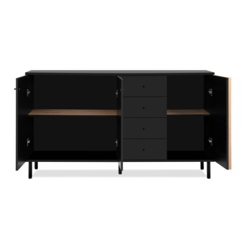 Modernes Sideboard 3 Türen und 4 Schubladen schwarz mit Eichenleisten Monza 51C 160x40x90H