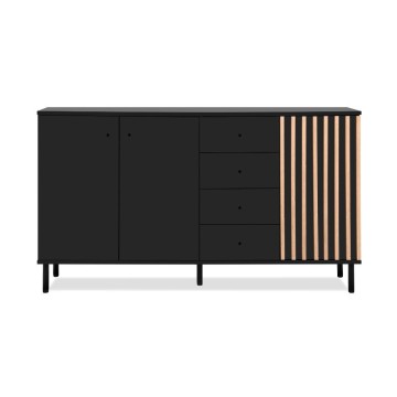 Modernes Sideboard 3 Türen und 4 Schubladen schwarz mit Eichenleisten Monza 51C 160x40x90H