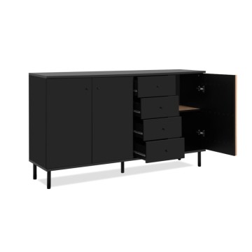 Modernes Sideboard 3 Türen und 4 Schubladen schwarz mit Eichenleisten Monza 51C 160x40x90H