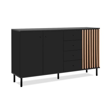 Modernes Sideboard 3 Türen und 4 Schubladen schwarz mit Eichenleisten Monza 51C 160x40x90H