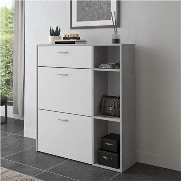 Takimi Zement und weißer Schuhschrank 2 Klapptüren und Schublade 90x26x101.5H