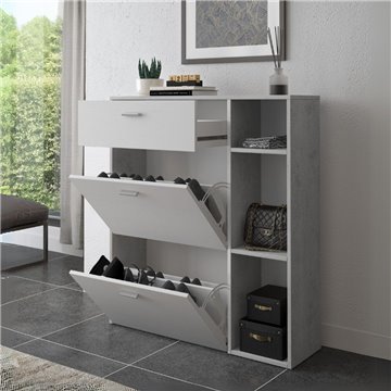 Takimi Zement und weißer Schuhschrank 2 Klapptüren und Schublade 90x26x101.5H