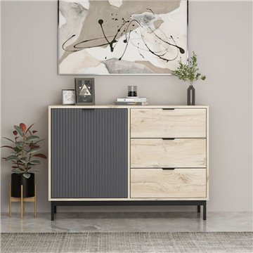 Esta Sideboard aus heller Eiche und Anthrazit mit Rippeneffekt 120x45x90H