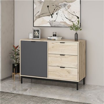 Esta Sideboard aus heller Eiche und Anthrazit mit Rippeneffekt 120x45x90H