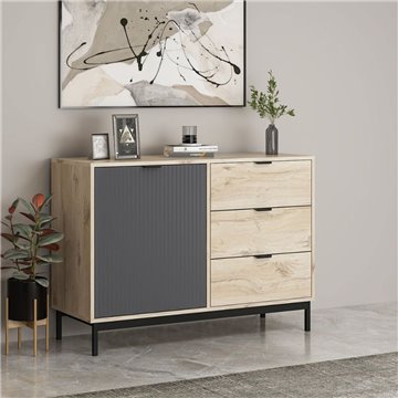 Esta Sideboard aus heller Eiche und Anthrazit mit Rippeneffekt 120x45x90H