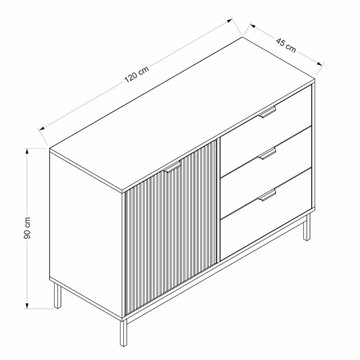 Esta Sideboard aus heller Eiche und Anthrazit mit Rippeneffekt 120x45x90H