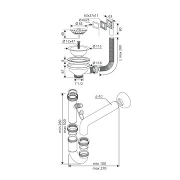 Siphon aus Quarzglas, 1-Wege-Anschluss 1" 1/2 mit ECO-Überlauf, rechteckiger Abfluss, Gitter aus Edelstahl SIFONEQUA1V
