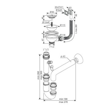 Siphon 1-Wege-Anschluss 1" 1/2 mit ECO-Ablauf und Spülmaschinenablauf S471710