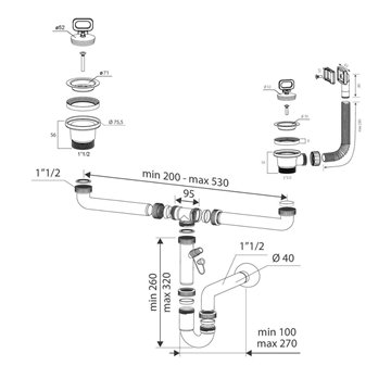 2-Wege-Siphon 1" 1/2 Anschluss mit 2" Ablauf und Spülmaschinenablauf SIFONE2VCONCEPT