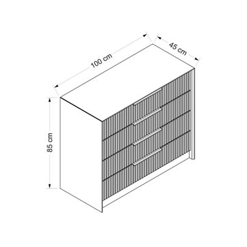 Kommode mit 4 Schubladen und Spiegel Kale aus Kaschmir mit Rippeneffekt 100x45x85H