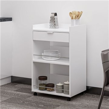 Liana weißer Küchenwagen mit Schublade und offenen Fächern 60x45x95H