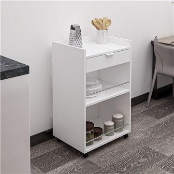 Liana weißer Küchenwagen mit Schublade und offenen Fächern 60x45x95H