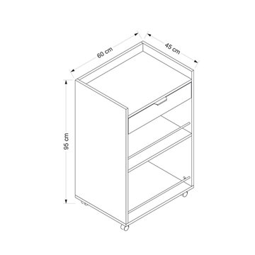 Liana weißer Küchenwagen mit Schublade und offenen Fächern 60x45x95H
