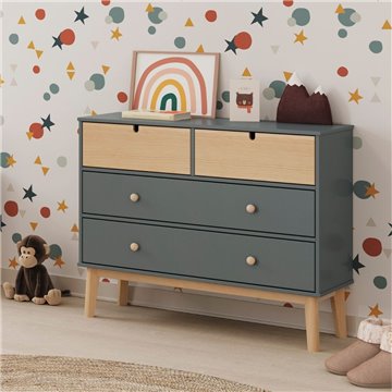 Kommode mit 4 Schubladen khakigrün und Kiefer Estefania 100x40x81H - Massivholz für gemütliche Räume
