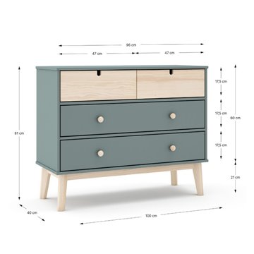 Kommode mit 4 Schubladen khakigrün und Kiefer Estefania 100x40x81H - Massivholz für gemütliche Räume