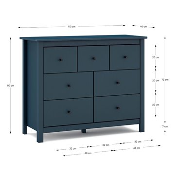 Misti Kommode aus blauem Massivholz 110x40x820H - 7 Schubladen, Design und Organisation