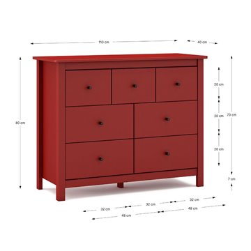 Misti Kommode aus burgunderrotem Massivholz 110x40x820H - 7 Schubladen, Design und Organisation