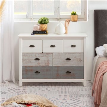 Romantica 110x40x80H Weiß und Grau Massivholz Kommode - Natürliche Eleganz mit 7 Schubladen
