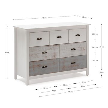 Romantica 110x40x80H Weiß und Grau Massivholz Kommode - Natürliche Eleganz mit 7 Schubladen