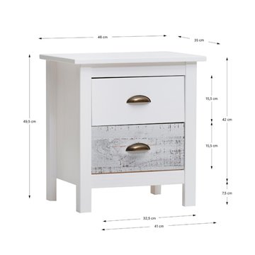 Romantica 46x35x49,5H Nachttisch aus Massivholz weiß und grau - Natural Elegance mit 2 Schubladen
