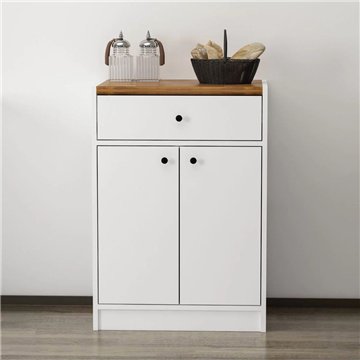 Mehrzweckschrank Viola mit 2 Türen und 1 Schublade 64x45x90H - Weiß mit dunkler Eichenplatte