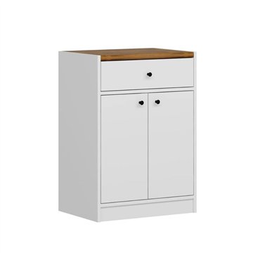 Mehrzweckschrank Viola mit 2 Türen und 1 Schublade 64x45x90H - Weiß mit dunkler Eichenplatte