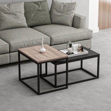 Leka Couchtisch-Set schwarz und Walnuss Metallrahmen
