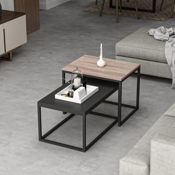 Leka Couchtisch-Set schwarz und Walnuss Metallrahmen